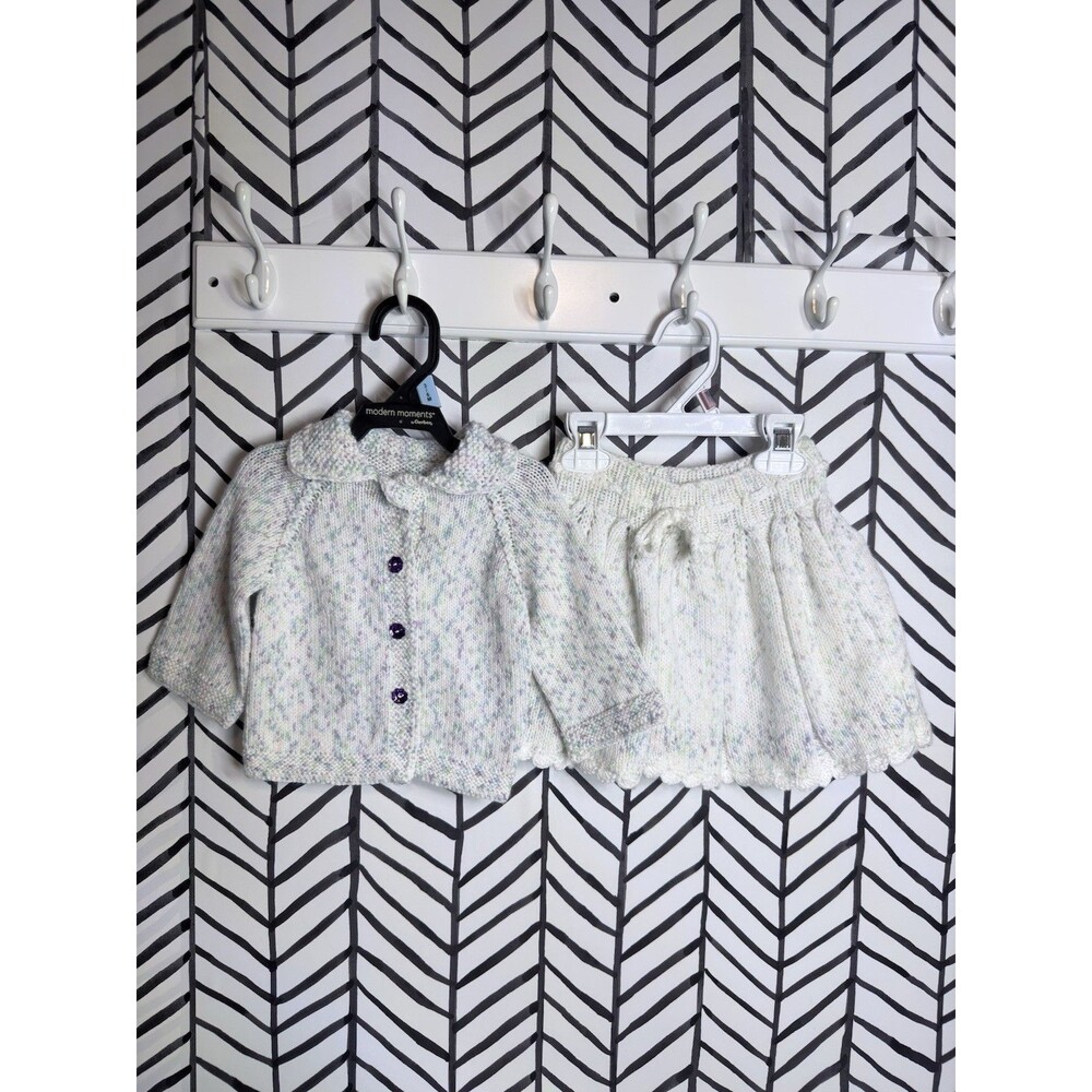 Hand Made White Blue Purple Premium Baby Yarn Sweater & Skirt Set Baby Girl 6-9M
